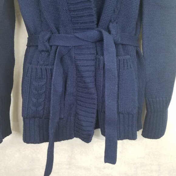 Sirocco Cardigan Women Sm Cable Knit Navy Blue Open Front Belted Classic Vintage - Picture 3 of 13